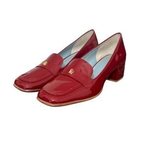 New! Frances Valentine Patent Leather Twiggy Red Block Heel Loafers - Size 11